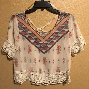 Embroidered tribal print sheer top